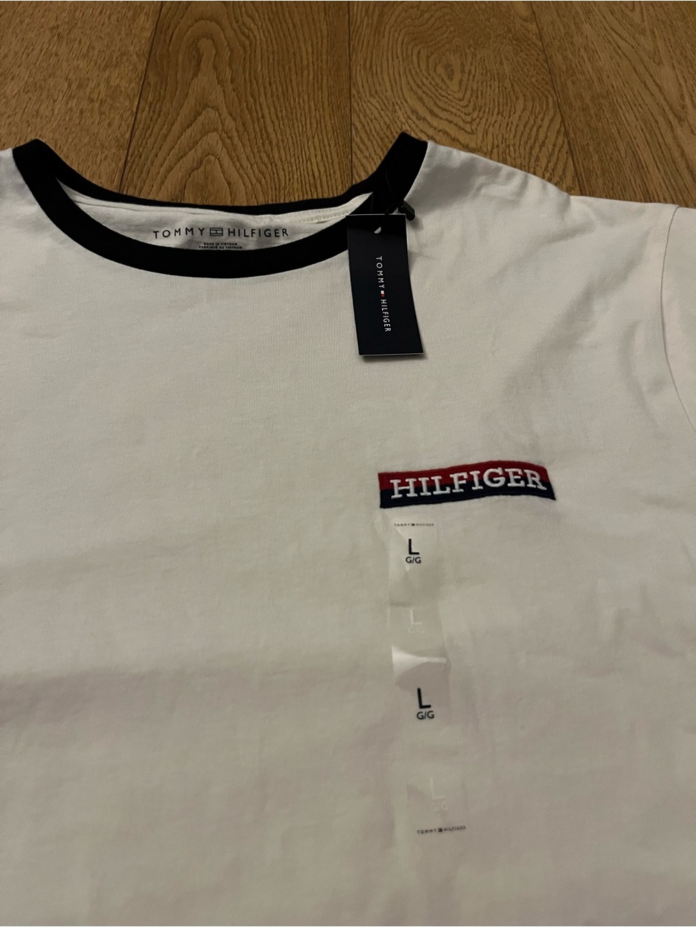 Tommy Hilfiger Ringer T-Shirt Mens Large L White Black Trim Embroidered Logo NWT